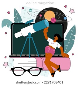 Astronomer online service or platform. Scientist looking through telescope in observatory, studying stars and planets. Online magazine. Flat vector illustration
