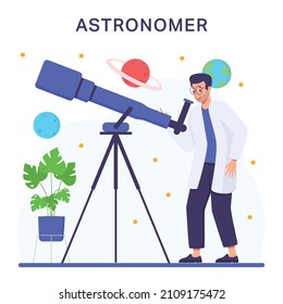 Astronomer Scientist Character Looking Through Telescope