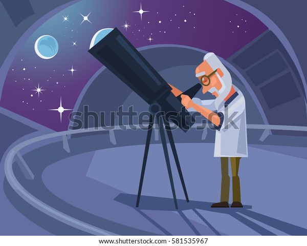 Astronomer scientist character looking
through telescope. Vector flat cartoon
illustration