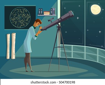 Astronomer scientist observing moon in night sky  through open window with telescope   retro cartoon poster vector illustration 