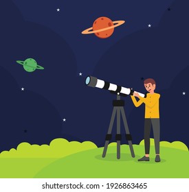 Astronomer Scientist with Telescope in flat design