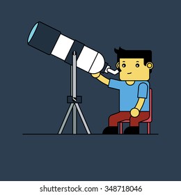 Astronomer sitting and using telescope, Cartoon vector illustration.