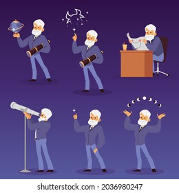 Astronomer or star observatory scientist cartoon characters set, flat vector illustration isolated on blue background. Elderly astronomer character in various poses.