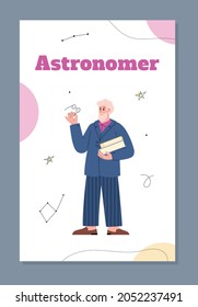 Astronomer or stargazer profession poster or card template with scientist male cartoon character pointing at star map, flat cartoon vector illustration.