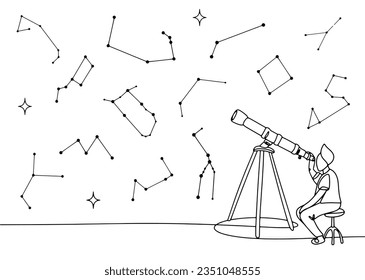 An astronomer studies the constellations by looking through a telescope. International Astronomy Day. One line drawing for different uses. Vector illustration.