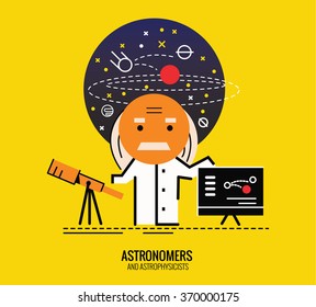 Astronomer with telescope. Character thin line flat design. vector illustration
