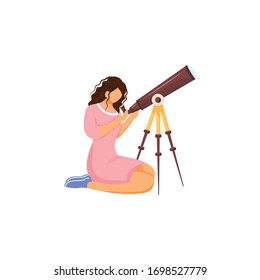 Astronomer with telescope flat color vector faceless character. Person searching for constellation. Astronomical instrument for observation. Female look through glass isolated cartoon illustration
