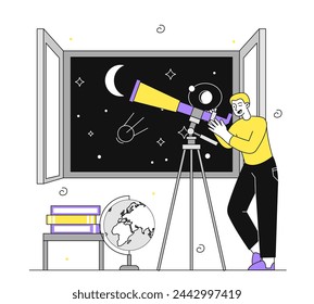 Astrónomo con telescopio lineal. El hombre mira al cielo estrellado con cometas y planetas. Joven con astrología. Educación y estudio de la física. Ilustración vectorial simple aislada sobre fondo blanco