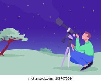 Astronomer with telescope spectates, looks to the night sky. Man searching for star, planet, milky way, galaxy, meteor shower in nature observatory. Outdoor hobby. Colorful cartoon vector illustration