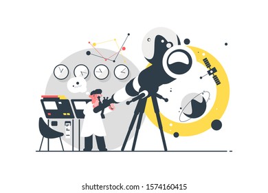 Astronomer watching stars vector illustration. Specialist searching constellations via telescope in modern observatory flat style design. Study of astronomy concept