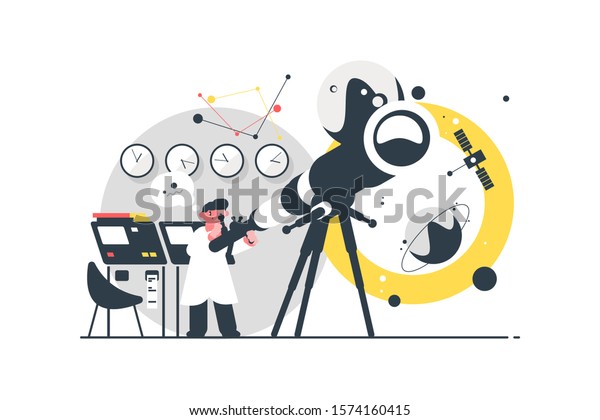 Astronomer watching\
stars vector illustration. Specialist searching constellations via\
telescope in modern observatory flat style design. Study of\
astronomy concept