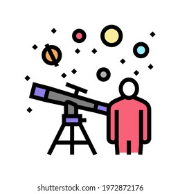 astronomer watching in telescope on stars color icon vector. astronomer watching in telescope on stars sign. isolated symbol illustration