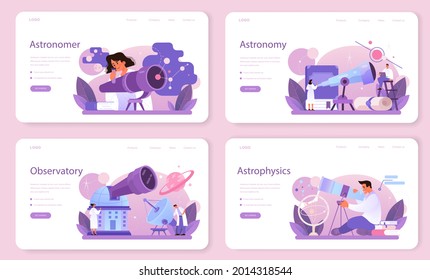 Astronomer web banner or landing page set. Professional scientist looking through a telescope at the stars in observatory. Astronomy research. Astrophysicist study stars map.Flat vector illustration