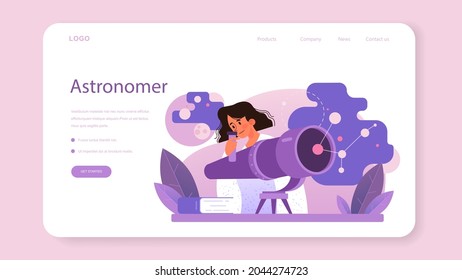 Astronomer web banner or landing page. Professional scientist looking through a telescope at the stars in observatory. Astronomy research. Astrophysicist study stars map.Flat vector illustration