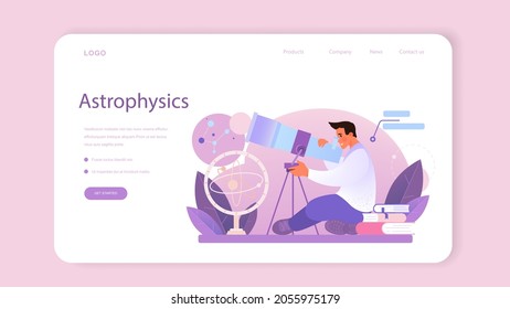 Astronomer web banner or landing page. Professional scientist looking through a telescope at the stars in observatory. Astronomy research. Astrophysicist study stars map.Flat vector illustration