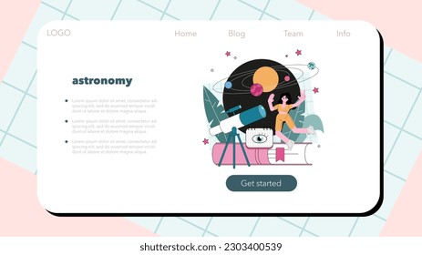 Astronomer web banner or landing page. Professional scientist looking through a telescope at the stars in observatory. Astronomy research. Astrophysicist study stars map. Flat vector illustration