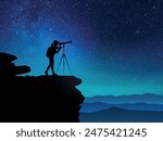 Astronomer at work. Woman and telescope on rock. Milky Way, starry sky