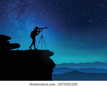 Astronomer at work. Woman and telescope on rock. Milky Way, starry sky