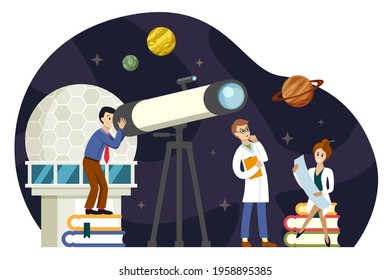 Astronomers scientists study space illustration. Observation planets and stellar bodies new discoveries secrets universe creation and analysis modern equipment for galactic travel. Vector cartoon.