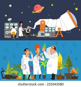 astronomers study the sky in a modern telescope and use modern equipment.  botanists study plants in the greenhouse. scientists engaged in important work. Banner. vector illustration.