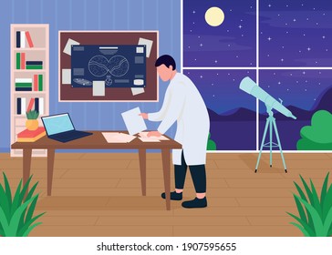 Astronomers workplace flat color vector illustration. Different science instruments and devices for space exploration. Smart person 2D cartoon characters with telescope on background