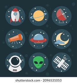 Astronomic round set of flat space icons for user interface with planets, rocket, telescope, ufo, and stars 