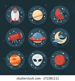 Astronomic round set of flat space icons for user interface with planets, rocket, telescope, ufo, stars and long shadows
