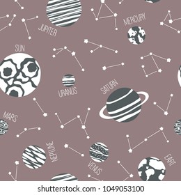 Astronomic seamless pattern with space planets,comets,stars. Childish vector illustration. Scandinavian style.