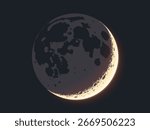 Astronomical artwork with crescent moon glowing in night sky with realistic craters and surface details. Simple creative silhouette of the moon. Space beauty and cosmic silence. Vector illustration