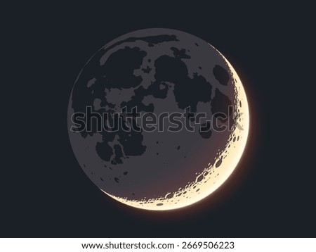 Astronomical artwork with crescent moon glowing in night sky with realistic craters and surface details. Simple creative silhouette of the moon. Space beauty and cosmic silence. Vector illustration