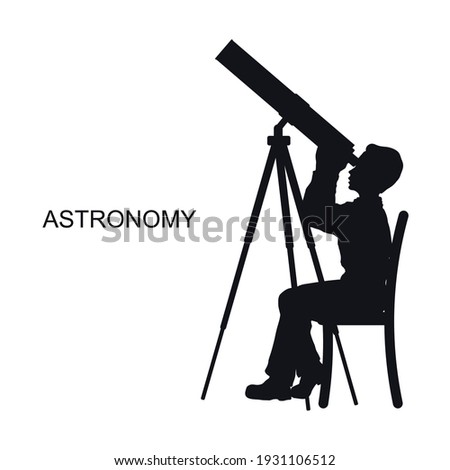 Astronomical background Telescope logo icon sign Astronomer silhouette Boy man symbol Cartoon children's style Fashion print clothes apparel invitation card cover flyer education scientific poster