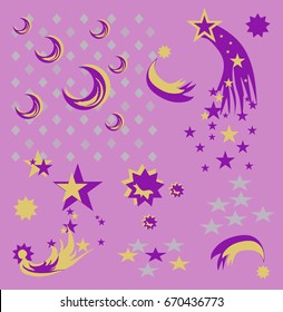 Astronomical bodies. Celestial elements. Design work, objects on a pink background