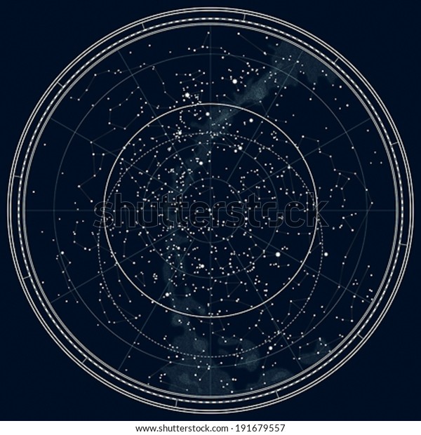 Astronomical Celestial Map of\
The Northern Hemisphere. Detailed Chart. Deep Night Black Ink\
version.