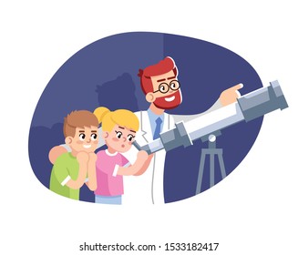 Astronomical classes for children flat vector illustration. Excursion to astrophysical laboratory. Popularization of space science. Kids watching sky through telescope cartoon characters