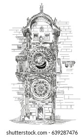 Astronomical Clock in Prague, Czech Republic vector hand drawing illustration in black color on white background