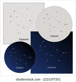 Astronomical constellation Gemini. Vector illustration of zodiac signs. On a dark and light background. Space and stars. Cosmos, galaxy, universe and horoscope design. For frames and wallpapers.