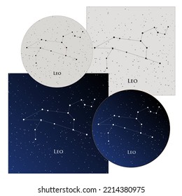 Astronomical constellation Leo. Vector illustration of zodiac signs. On a dark and light background. Space and stars. Cosmos, galaxy, universe and horoscope design. For frames and wallpapers.