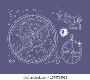 Astronomical contour drawings on blue background
