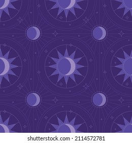 Astronomical geometric wallpaper. Sun and crescent. Flat style. Mystical seamless pattern.