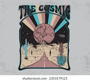 astronomical graphic print, cosmic desert travel vector illustration, retro vintage desert design for t shirt, sticker, poster