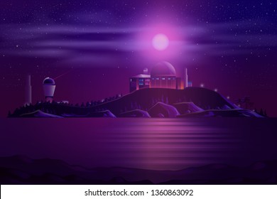 Astronomical ground-based observatory with optical telescope and laser guide star system on ocean shore carton vector illustration. Science institution building for space researches and observations