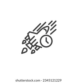 Icono de línea de años luz astronómicos. signo de estilo lineal para concepto móvil y diseño web. Icono de vector de la lanzadera de la nave espacial y el contorno del reloj. Símbolo, ilustración del logotipo. Gráficos vectoriales