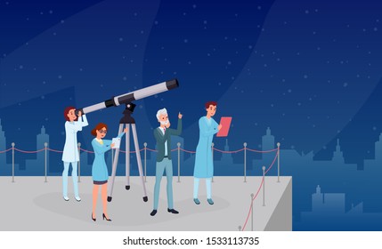 Astronomical observation, stargazing flat vector illustrations. Professional astronomers team, astronomy experts and assistants cartoon characters. Scientists group studying starry sky with telescope