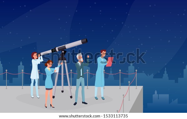 Astronomical observation, stargazing flat\
vector illustrations. Professional astronomers team, astronomy\
experts and assistants cartoon characters. Scientists group\
studying starry sky with\
telescope