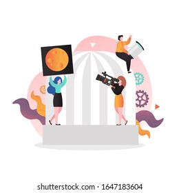Astronomical observatory dome with optical telescope for observing celestial objects and characters astronomers, vector illustration. Astronomy science, space exploration concept for website page etc.