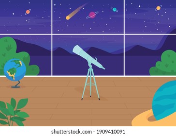 Ilustración vectorial de color plano observatoria astronómica. Estructura que contiene telescopios e instrumentos auxiliares para observar planetas interiores de dibujos animados 2D con cielo nocturno con inicio en el fondo