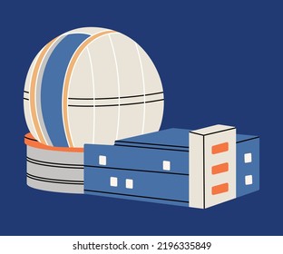 Astronomical observatory in flat vector line style. Scientific equipment, space, astronomy, technology, observations and study of sky, phenomena. Abstract isolated trend illustration, stickers, icons.