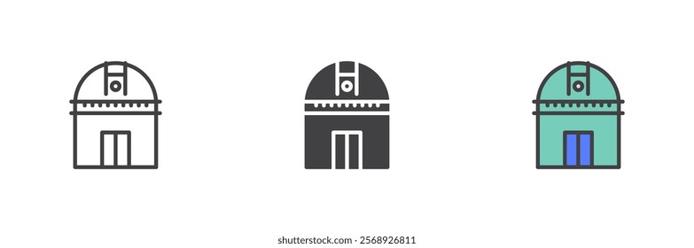 Astronomical observatory icon. Telescope line and glyph version, outline and filled vector sign. linear and full pictogram. Symbol, logo illustration. Different style icons set