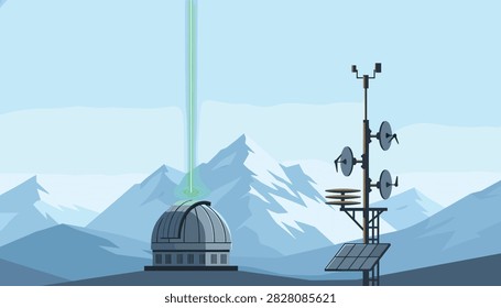 Astronomical observatory projecting green laser beam into sky near mountains and weather tower