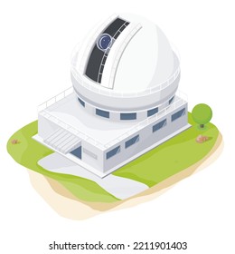 Astronomical Observatory Telescope Isometric Dome Space Leaning Cartoon Top View